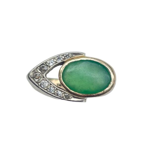 Vintage Modernist Jade Diamond Ring - Size 5.5